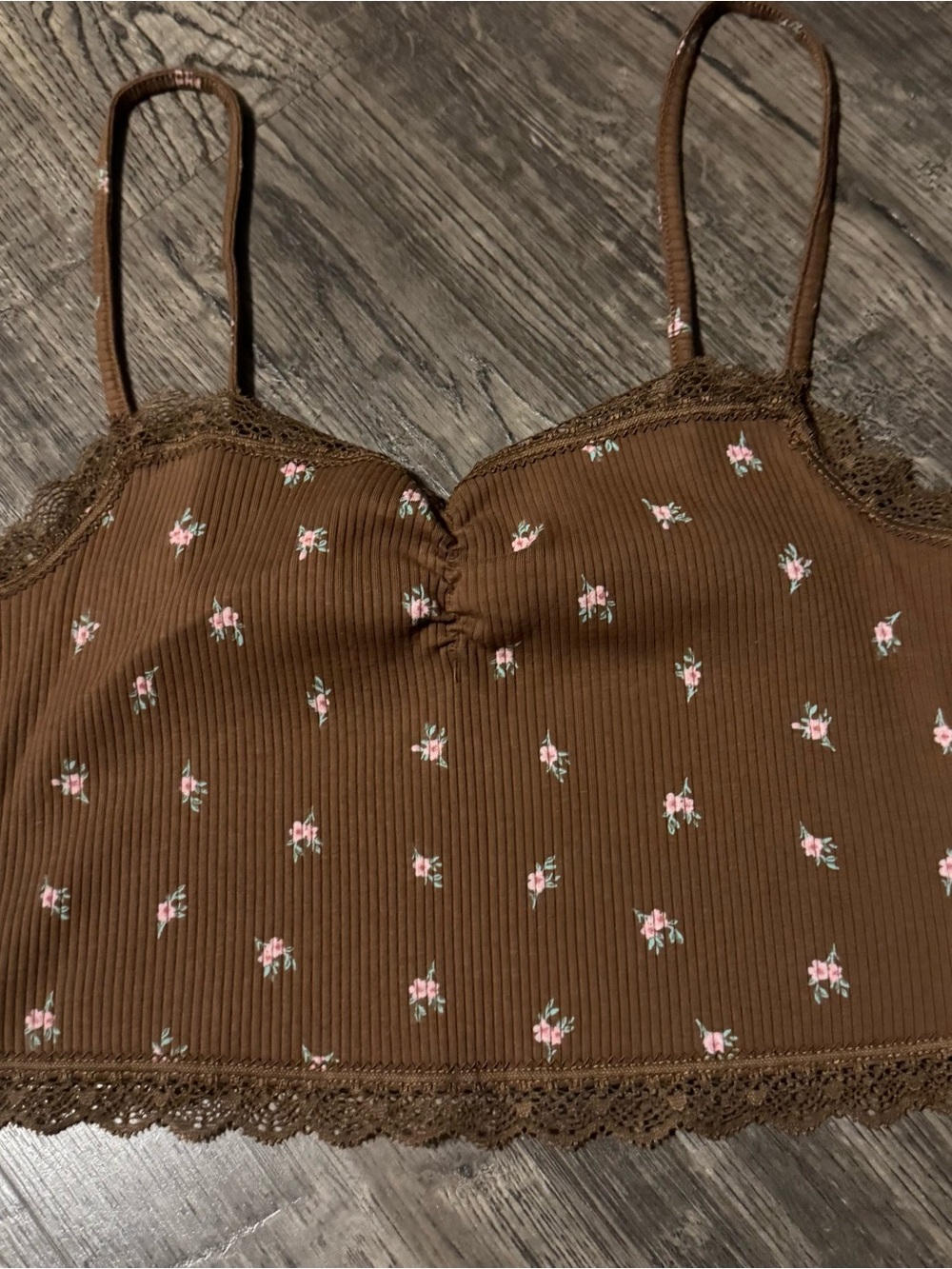 Divided Brown Floral Lace-Trim Cami S